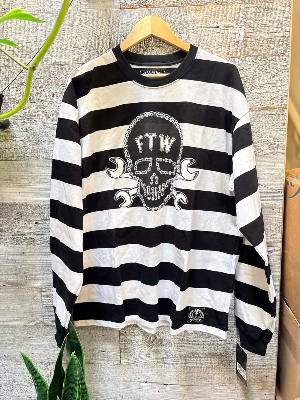 Hot Leathers | NWT Long-Sleeved B/W Striped Shirt w/ FTW Skull - Men's XL